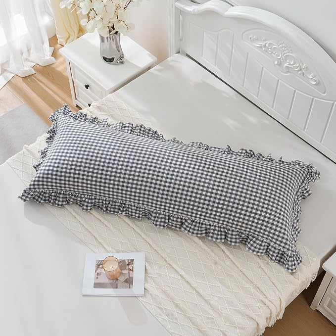 Grey/White Plaid Ruffled Checkered Body Pillow Sham 20x54 inches 1 Piece - Image 3