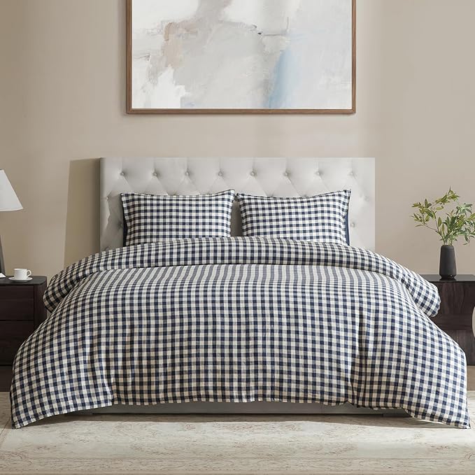 DAPU Linen Duvet Cover King, Yarn Dyed Gingham Check Plaid 100% Washed Linen by DAPU