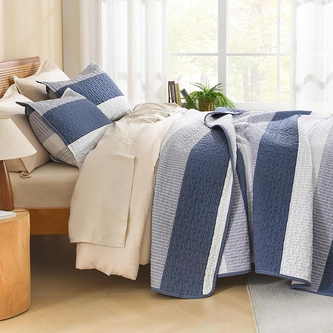 Litanika Quilt Queen Size Mineral Blue, Stripe Patchwork Summer Bedspread - Image 2