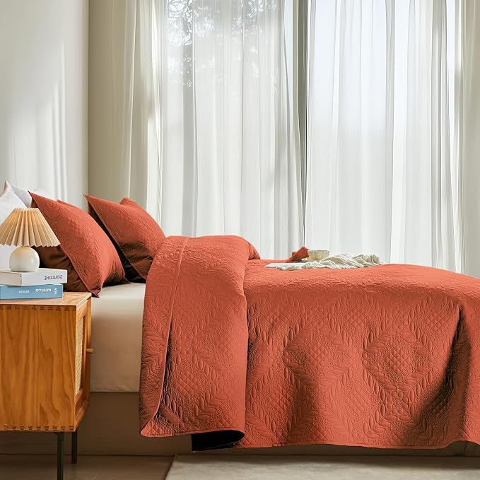 FLYMME Full Queen Quilt Bedding Set, Lightweight Burnt Orange Bedspreads - Image 3