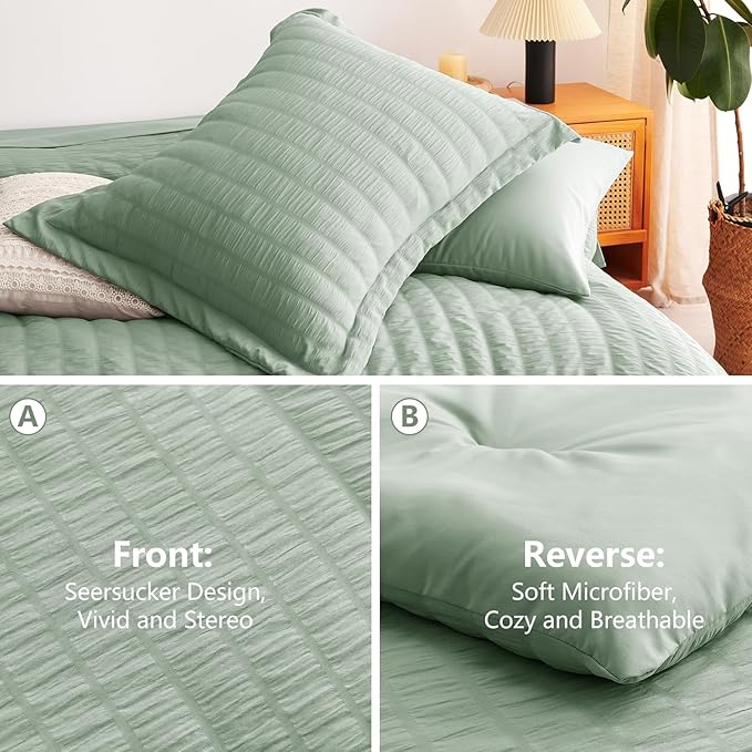 CozyLux Queen Comforter Set Sage Green Seersucker 7 Pieces Bed in a Bag Queen - Image 4