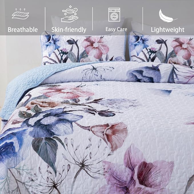 Floral Quilt Set King 3 Pieces Light Blue Floral Quilt Coverlet Set Soft - Image 3