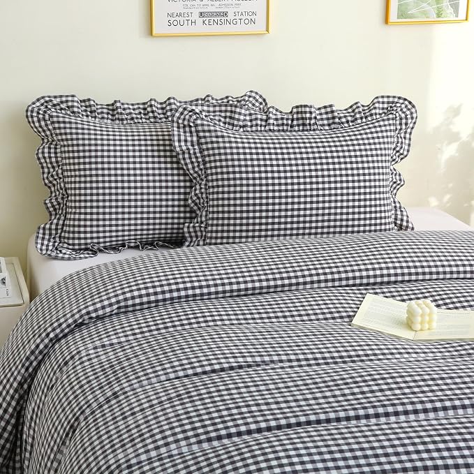 Silnuo Black/White Checkered Ruffle 3-Piece Duvet Cover Set Queen Size - Image 8