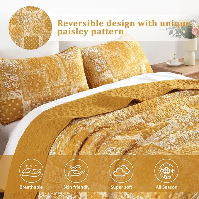 Cottolester Boho Quilt Set King Size, 3 Pieces Yellow Patchwork Paisley Quilt - Image 3