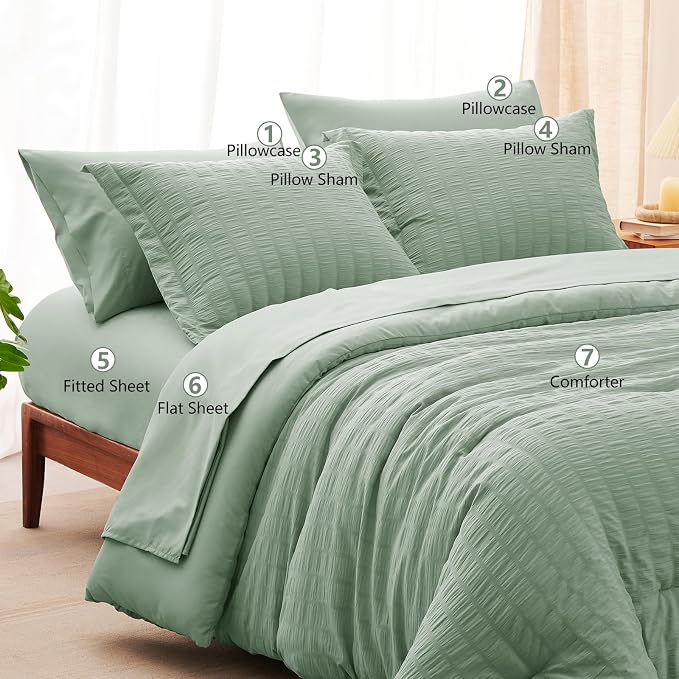 CozyLux King Size Comforter Set Sage Green Seersucker 7 Pieces Bed in a Bag - Image 8