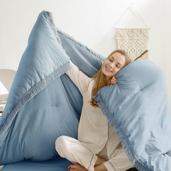 Andency Grayish Blue Comforter Set California King, 3 Pieces Boho Tassel - Image 3