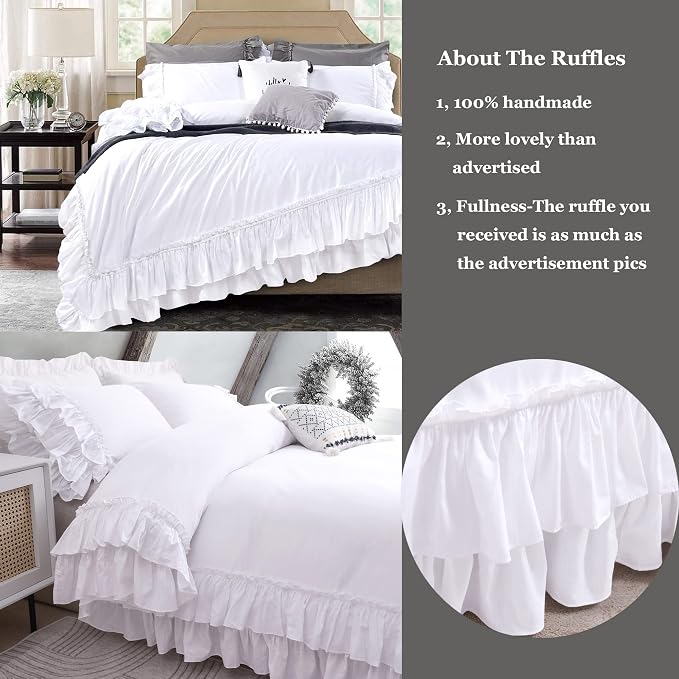 QSH Ruffle White Duvet Cover Queen Size -Washed Cotton Shabby Farmhouse Ruffled - Image 3