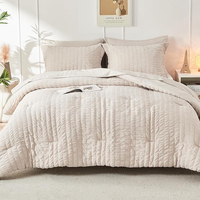 HYMOKEGE Beige Full Size Comforter Sets Seersucker 7 Pieces, All Season Luxury - Image 9