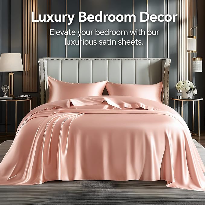 BEDELITE Satin Sheets Full Size Bed Set, Luxury Soft Coral Pink Silky Sheets - Image 2