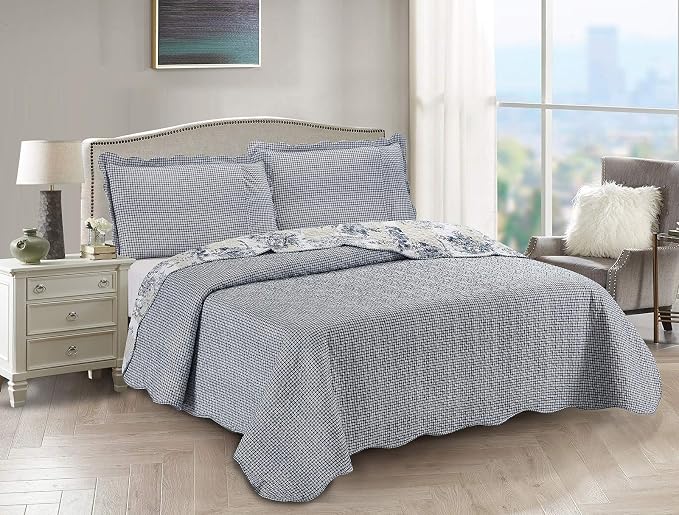 Brilliant Sunshine Blue Toile in Beige and Ivory Patches, 3-Piece Quilt Set - Image 2