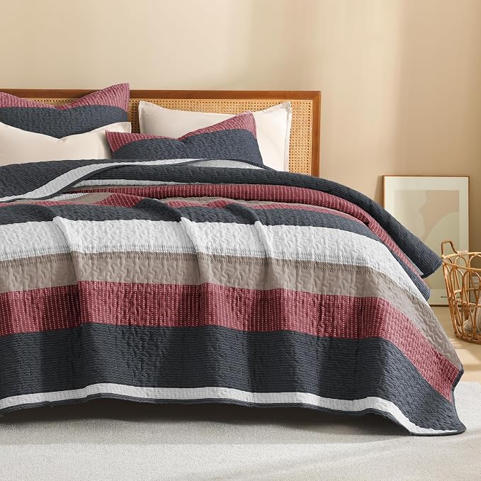 Litanika Quilt Queen Size Black and Red, Stripe Patchwork Summer Bedspread - Image 8