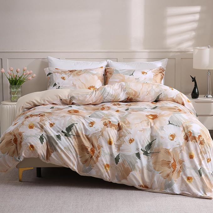 LONAVA King Flower 3 Pcs Duvet Cover Set, Breathable Soft Microfiber Biege - Image 8