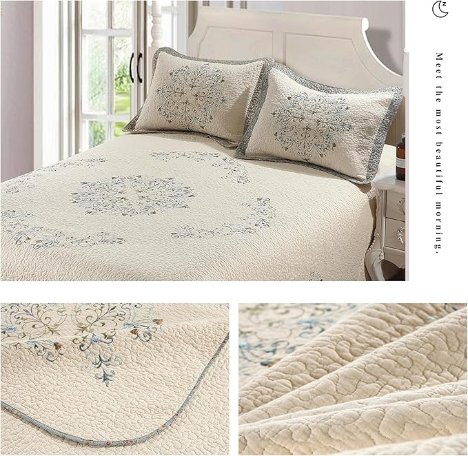 Quilt Set Floral Leaves 3D Embroidery Pattern 3 PCS Cotton Reversible Quilted - Image 2