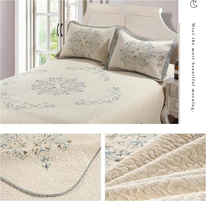 Quilt Set Floral Leaves 3D Embroidery Pattern 3 PCS Cotton Reversible Quilted - Image 2