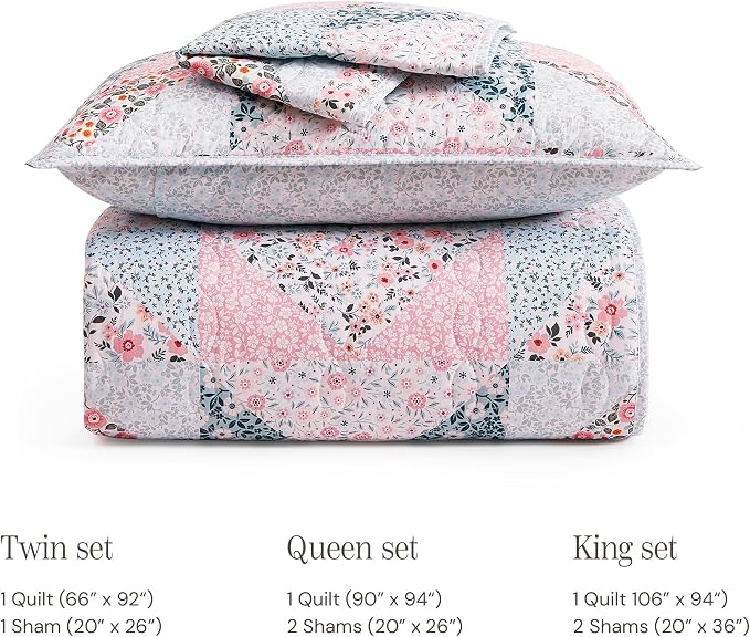 BLOOMHAVEN Quilt Set Queen Size, Patchwork Pink Floral Quilt Sets, Reversible - Image 8