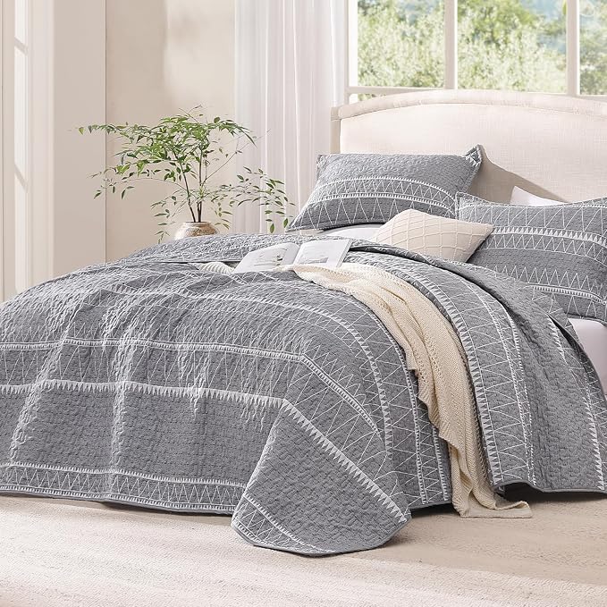 Andency Quilts Queen Size Grey, 3 Pieces Queen Quilt Bedding Set Boho - Image 2