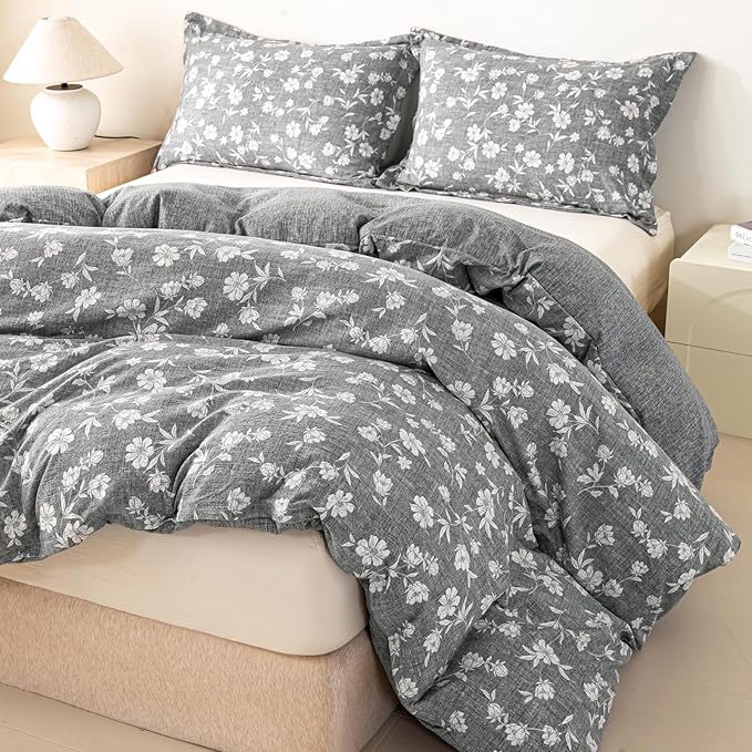 OAITE Grey Flower Queen Size Duvet Cover-3 Pieces Prewashed Cotton-Like - Image 5