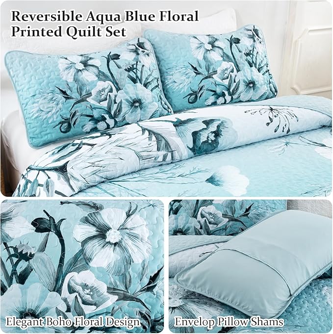 Blue Floral Quilt Set Queen 3 Pieces Boho Flower Quilt Coverlet Set Soft - Image 6