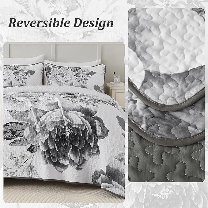 WONGS BEDDING Grey Boho Floral Quilt Set Queen, Elegant Gray Flower Bedspread - Image 4