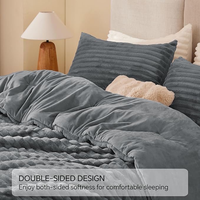 BEDELITE Fleece Queen Comforter Set -Super Soft & Warm Fluffy Grey Bedding - Image 5