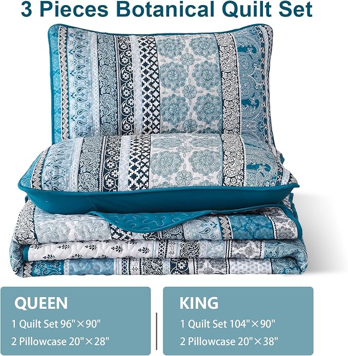 WONGS BEDDING Boho Quilt Set Queen Size, Teal Blue Bohemian 3 Pieces Quilt Sets - Image 7