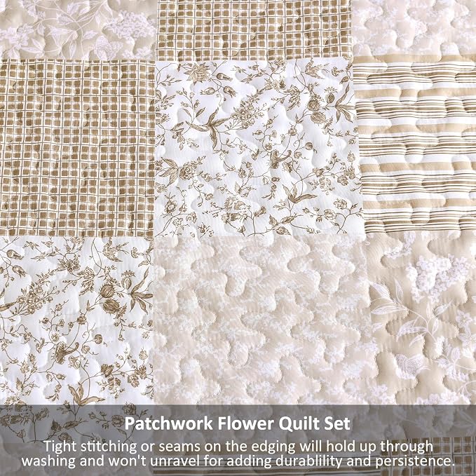 Mybedsoul Beige Boho Quilt Set Queen Size, 3 Pieces Plaid Floral Bedspread Set - Image 6