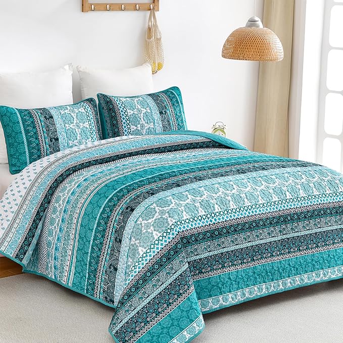 WONGS BEDDING Boho Quilt Set King Size, Teal 3 Pieces Bohemian Striped - Image 2
