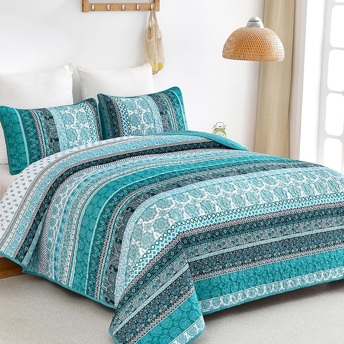 WONGS BEDDING Boho Quilt Set Queen Size, Teal 3 Pieces Bohemian Striped - Image 2