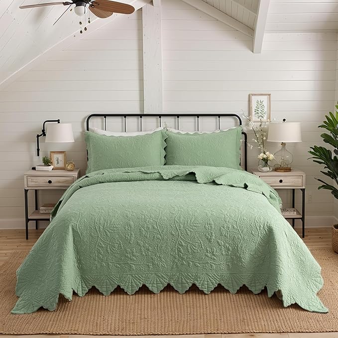 Brandream Luxury King Quilt Set Cotton Sage Green Floral Vine Stitching - Image 2
