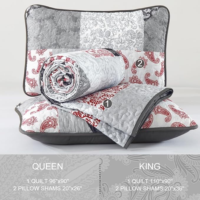 Mybedsoul Grey Red Patchwork Queen Size Quilt, Soft Paisley Floral Bedspreads - Image 8