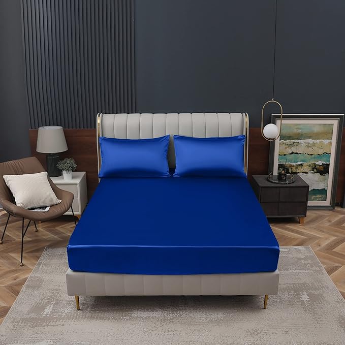 Homiest Royal Blue Satin Fitted Sheet King Size, Deep Pocket, Luxury & Ultra - Image 2