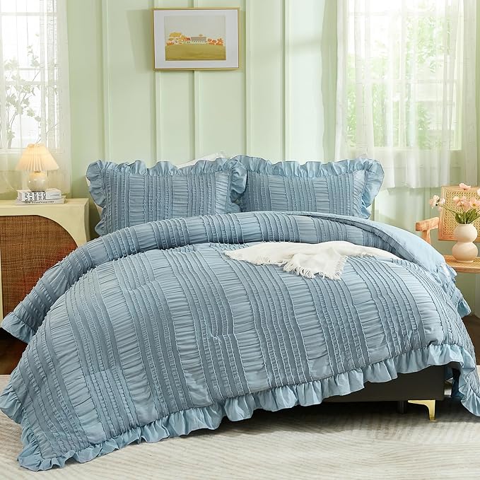 WONGS BEDDING Blue Comforter Set King, 3 Pieces Ruffle Farmhouse Shabby Chic by WONGSBEDDING