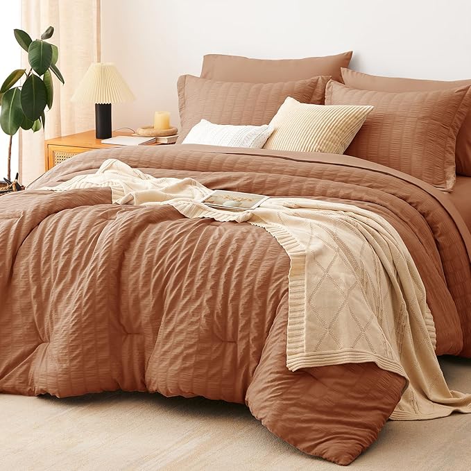 CozyLux Queen Comforter Set Pumpkin Seersucker 7 Pieces Bed in a Bag Queen by CozyLux