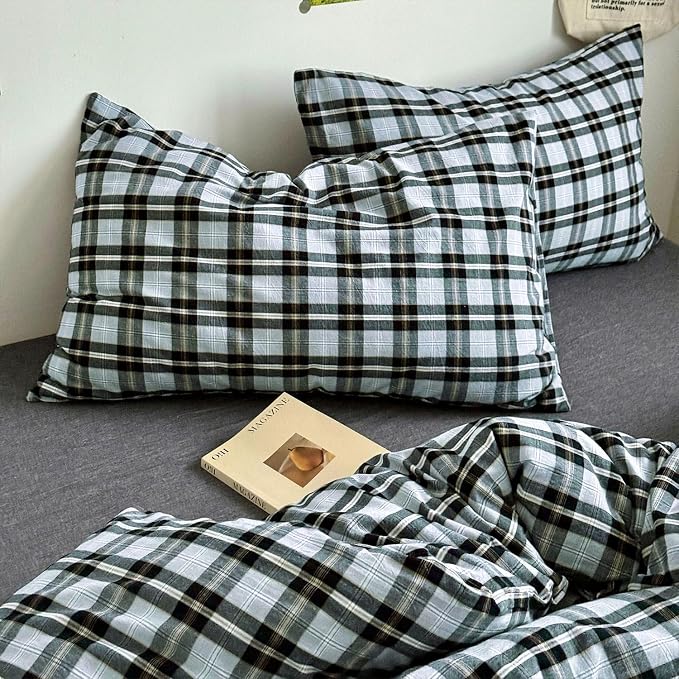 mixinni Vintage Grey & Pale Blue Buffalo Plaid Duvet Cover Set Full Size - Image 5