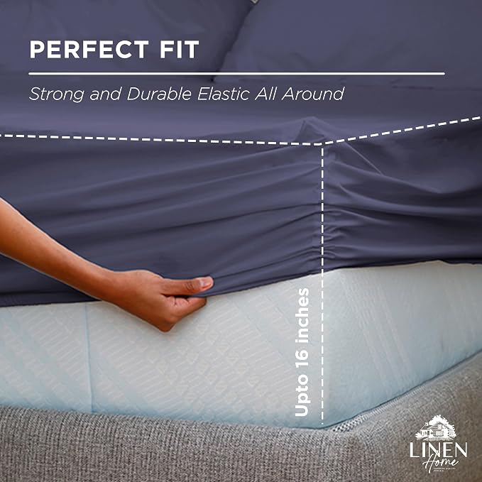 Linen Home 100% Cotton Percale Weave Fitted Sheet, Queen Size, Dark Blue - Image 3