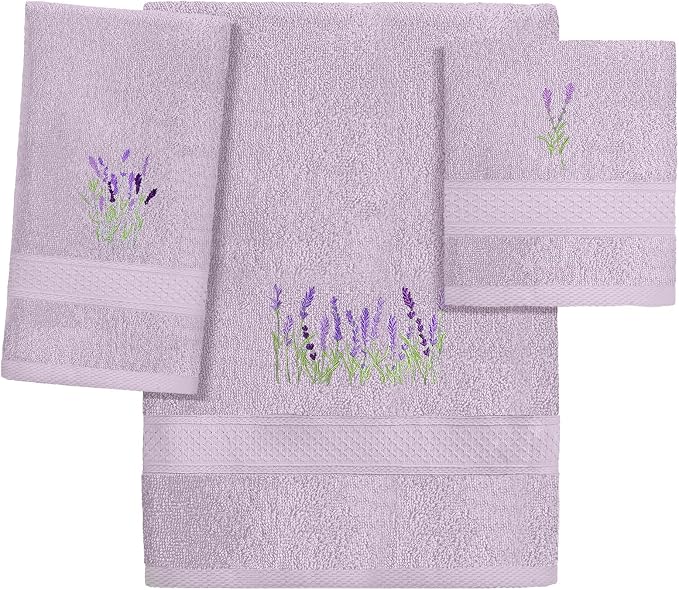 3 Pcs Lavender Floral Bathroom Towel Set Farmhouse Embroidered Lavender Floral by Unknown
