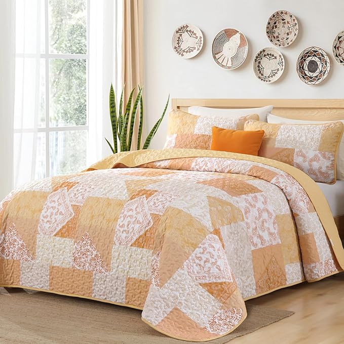Mybedsoul Yellow Patchwork Quilts Queen Size, Soft Paisley Floral Queen by Mybedsoul