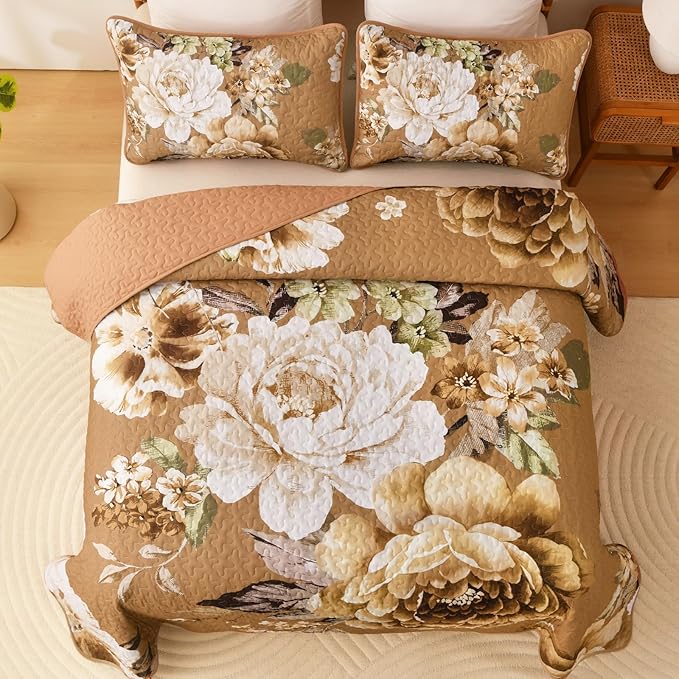 WONGS BEDDING Floral Quilt Set Brown Queen, Quilted Printed Lightweight - Image 3