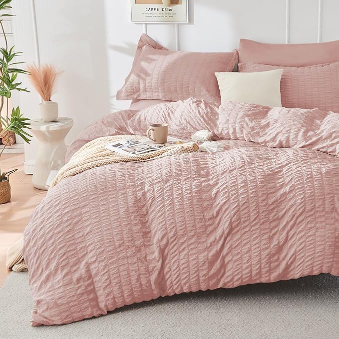 HYMOKEGE Rose Gold California King Comforter Set Seersucker 7 Pieces, All - Image 2