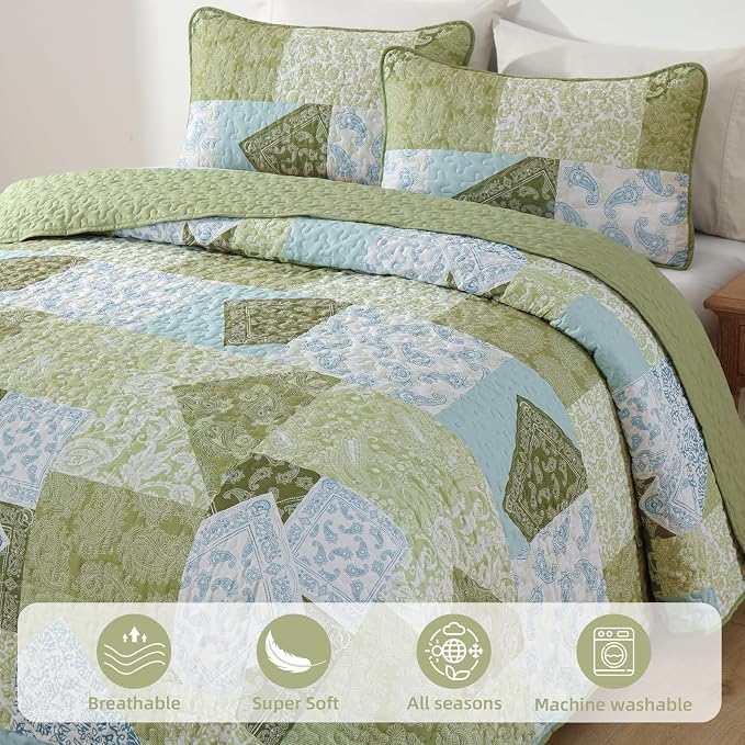 Mybedsoul Patchwork Quilts Queen Size, Soft Sage Green Paisley Floral Queen - Image 3