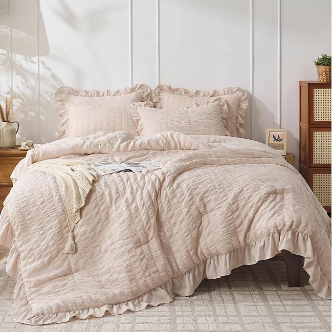 JOLLYVOGUE Beige Queen Comforter Set, 3 Pieces Seersucker Comforters Queen Size by JOLLYVOGUE