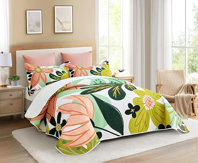 Tyrot 3 Piece Boho Floral King Size Quilt Sets Farmhouse Reversible Lightweight - Image 2