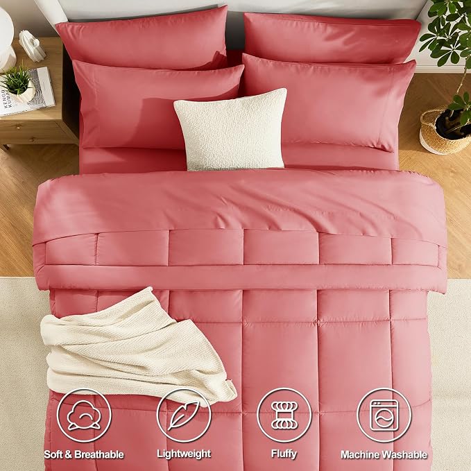 CozyLux Full Size Comforter Sets Coral, 7 Pieces Bed in a Bag, Coral Comforter - Image 2