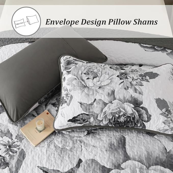 WONGS BEDDING Grey Boho Floral Quilt Set King, 3 Pieces Elegant Gray Flower - Image 5
