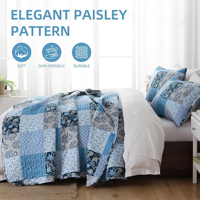 Xruibed Blue Quilt Set Queen Size 3 Pieces Plaid Floral Boho Bedspread Coverlet - Image 4