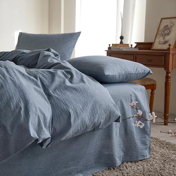 Wake In Cloud - Cotton Duvet Cover Set, Queen Size, Chambray Denim Blue by WakeInCloud