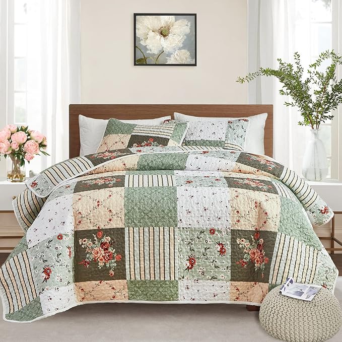 Patchwork Quilt Set California King Size, 3 Pieces Green Floral Plaid Summer by Flysheep