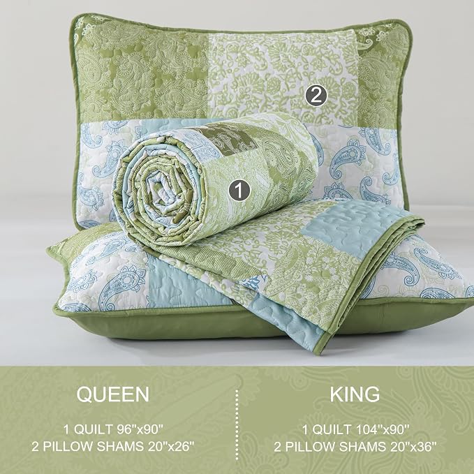 Mybedsoul Patchwork Quilt King Size, Soft Sage Green Paisley Floral King - Image 7
