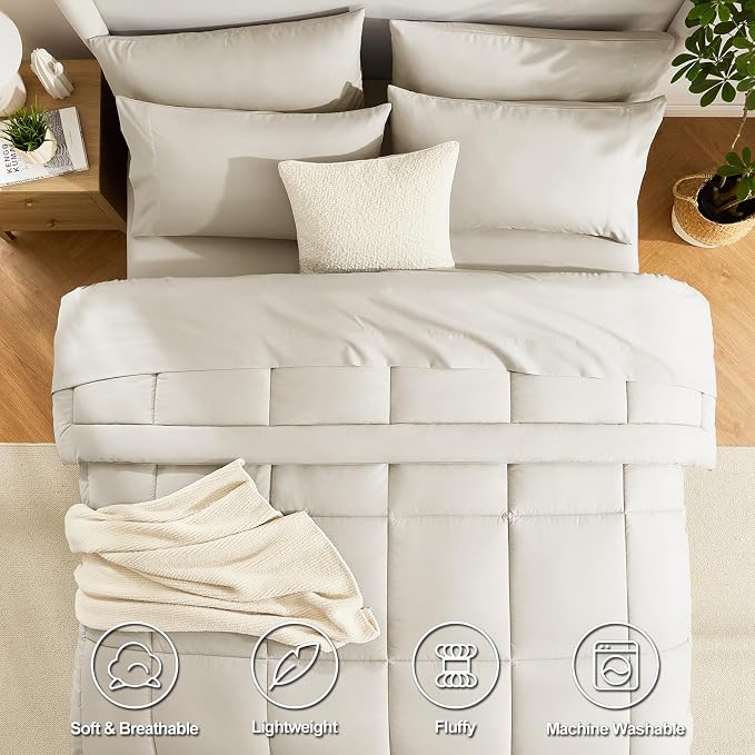 CozyLux King Size Comforter Set Oatmeal, 7 Pieces Bed in a Bag, Oatmeal - Image 2