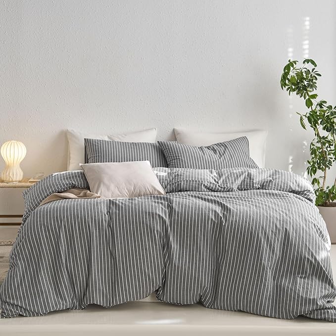MooMee Striped Duvet Cover Set 100% Washed Cotton Linen Like Textured by MOOMEE